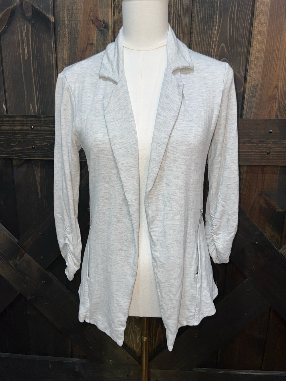 Lemon Tart Grey Darcie Knit Blazer Open Front Ruched 3/4 Sleeve Jacket S Soft